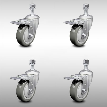 Service Caster 4 Inch SS Gray Polyurethane 1/2 Inch Threaded Stem Caster Set Total Lock Brake SCC-SSTSTTL20S414-PPUB-121315-4